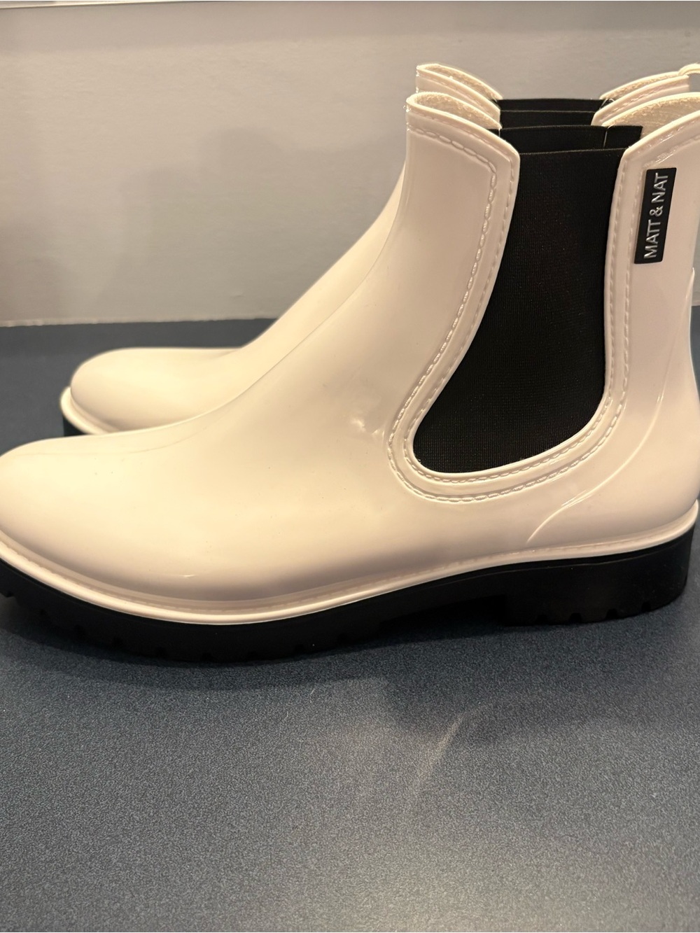 Matt & Nat White and Black Chelsea Rain Booties